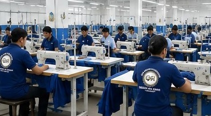 Skilled tailors stitching uniforms in our manufacturing unit
